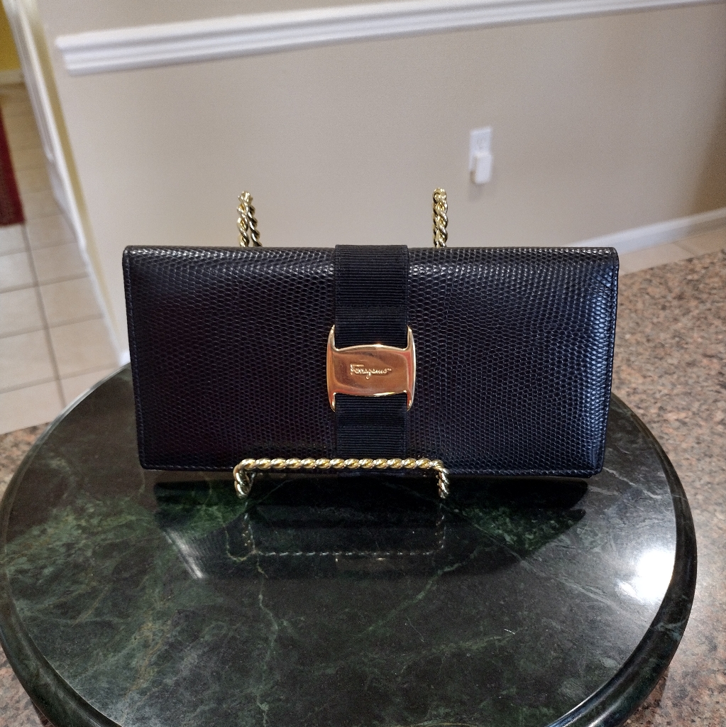 Salvatore Ferragamo Black Lizard Gancini Long Bifold Wallet